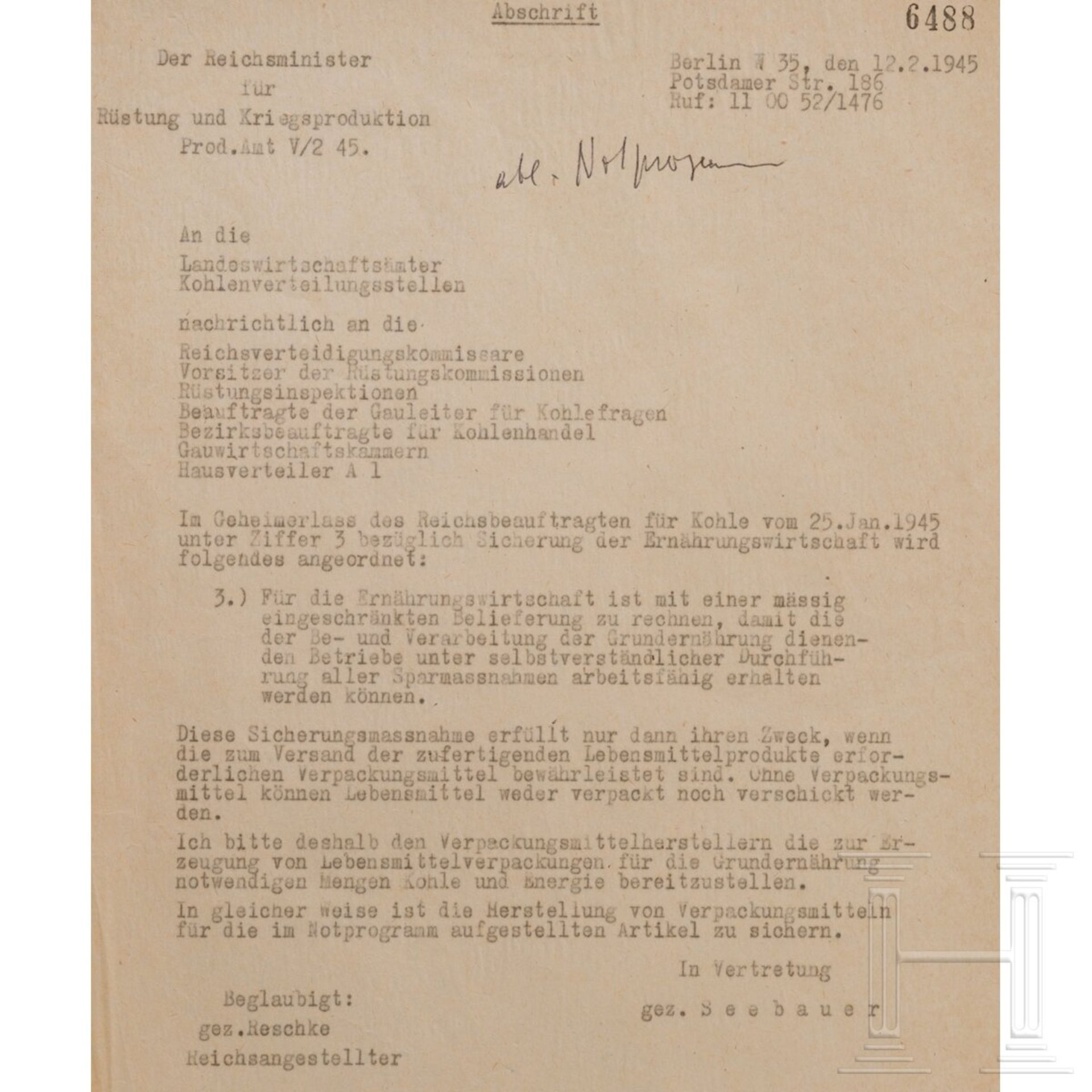 Albert Speer - fünf Schreiben an Hermann Göring, Hans Heinrich Lammers, Herbert Backe, vom Stab Rohl - Image 3 of 3