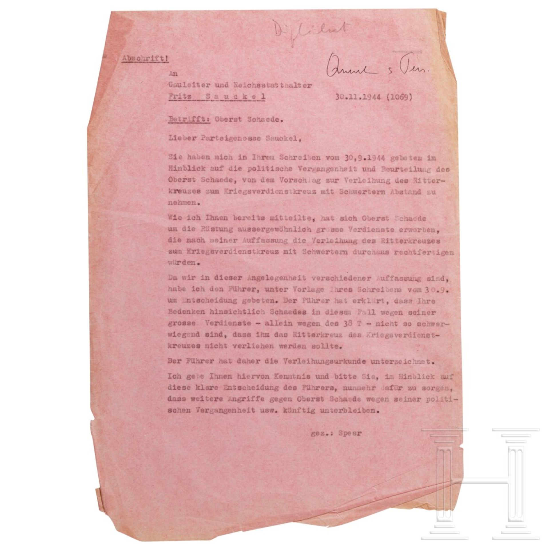 Albert Speer - sieben Schreiben an und von Speer, vom Generalstab und OKH, Franz Leitner und Heimo S - Image 2 of 12