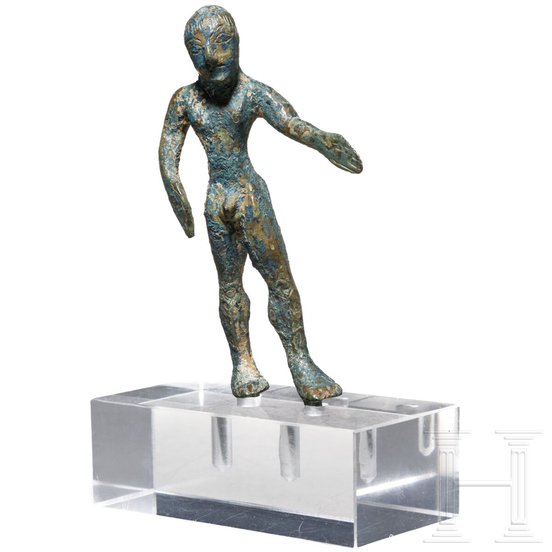 Bronzene Votivstatuette eines schreitenden Mannes, etruskisch, 6. - 5. Jhdt. v. Chr. - Image 2 of 4