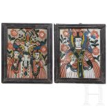 Zwei Hinterglasbilder (Ikonen) - Heiliger Nikolaus und Kreuzigung Christi, Siebenbürgen, Nicula, spä