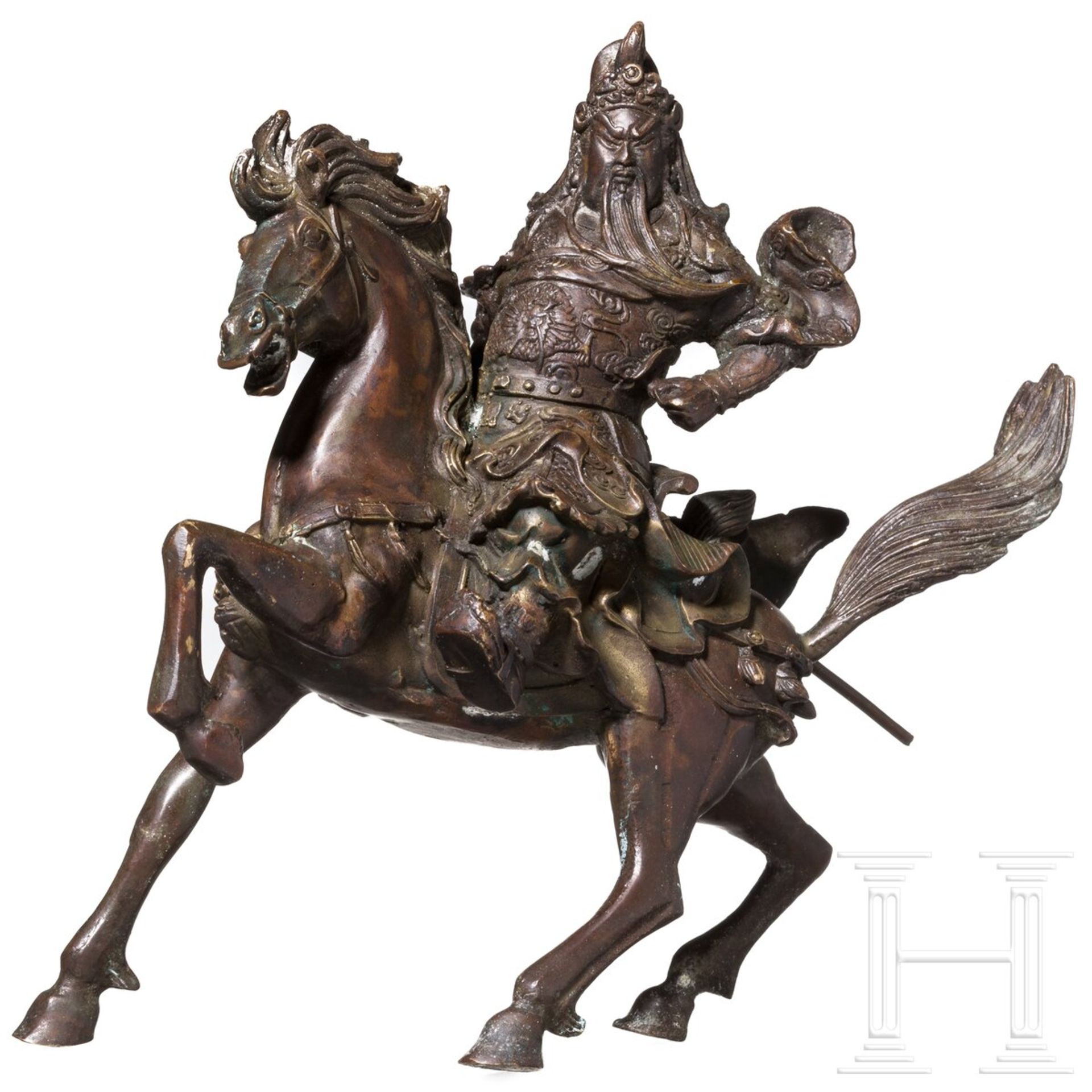 Bronzefigur eines Kriegers zu Pferd, China, um 1900