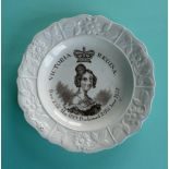 1837 Coronation: a Staffordshire pottery nursery plate printed in brown, 165mm