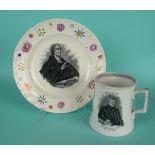 A nursery plate printed with a named portrait of Rev J Fletcher, hairline crack and a pottery mug