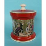 A tobacco jar and cover: Passing the Pipe (404) brick red ground, gold line decoration, 130mm (4)