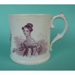 1838 Coronation: a cylindrical mug by Read & Clementson printed in puce with portraits centred