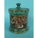 A malachite tobacco jar, cover and plunger: The Smokers (405) gold line decoration