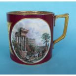 A particularly good cylindrical presentation loving cup with two pictures centred by a gilt