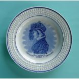 1820 Caroline: a pearlware nursery plate printed in blue with a named profile, 195mm