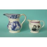 1840 Wedding: a pottery jug printed in blue, 128mm and a pink lustre banded jug