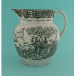1814 Peace of Paris: a pearlware jug printed in grey with Britannia riding in a carriage