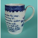 George III: an interesting pearlware mug, the barrel shaped body printed in blue with eight lines