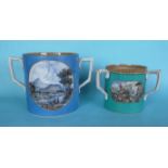 A blue ground large loving cup, 164mm and a green ground tyg, (2)