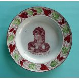 1820 Caroline: a pearlware nursery plate printed in brown with a named portrait depicted