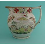 1820 George IV and Queen Caroline: a gilt embellished pink lustre jug printed in grey and