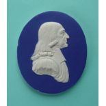 Rev John Wesley: a mid-19th century oval blue jasperware portrait plaque, probably by Adams, 93mm