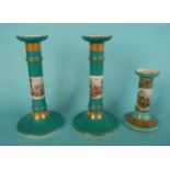 A pair of green ground tall candlesticks, 205mm, and another smaller