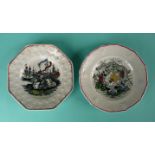 Corn Laws: an octagonal nursery plate printed with a harbour scene and another with agricultural
