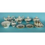 A miniature tea set comprising: two teapots, two tureens and covers, a jug and basin
