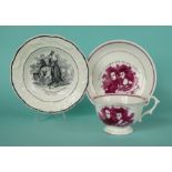 1840 Wedding: a nursery plate printed in black, rim restored and a pink lustre banded cup and saucer