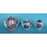 A pink ground oviform teapot and cover 178mm and two others, all in good condition (5)