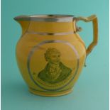 1810 Sir Francis Burdett: a silver lustre banded yellow pottery jug printed en-grisaille with an