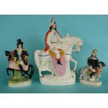 Three Staffordshire equestrian figures, smallest highwayman, circa 1880, other two circa 1870