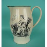A creamware jug banded in green, the bellied body with scenes inscribed ‘Plenty’ and ‘Peace’,