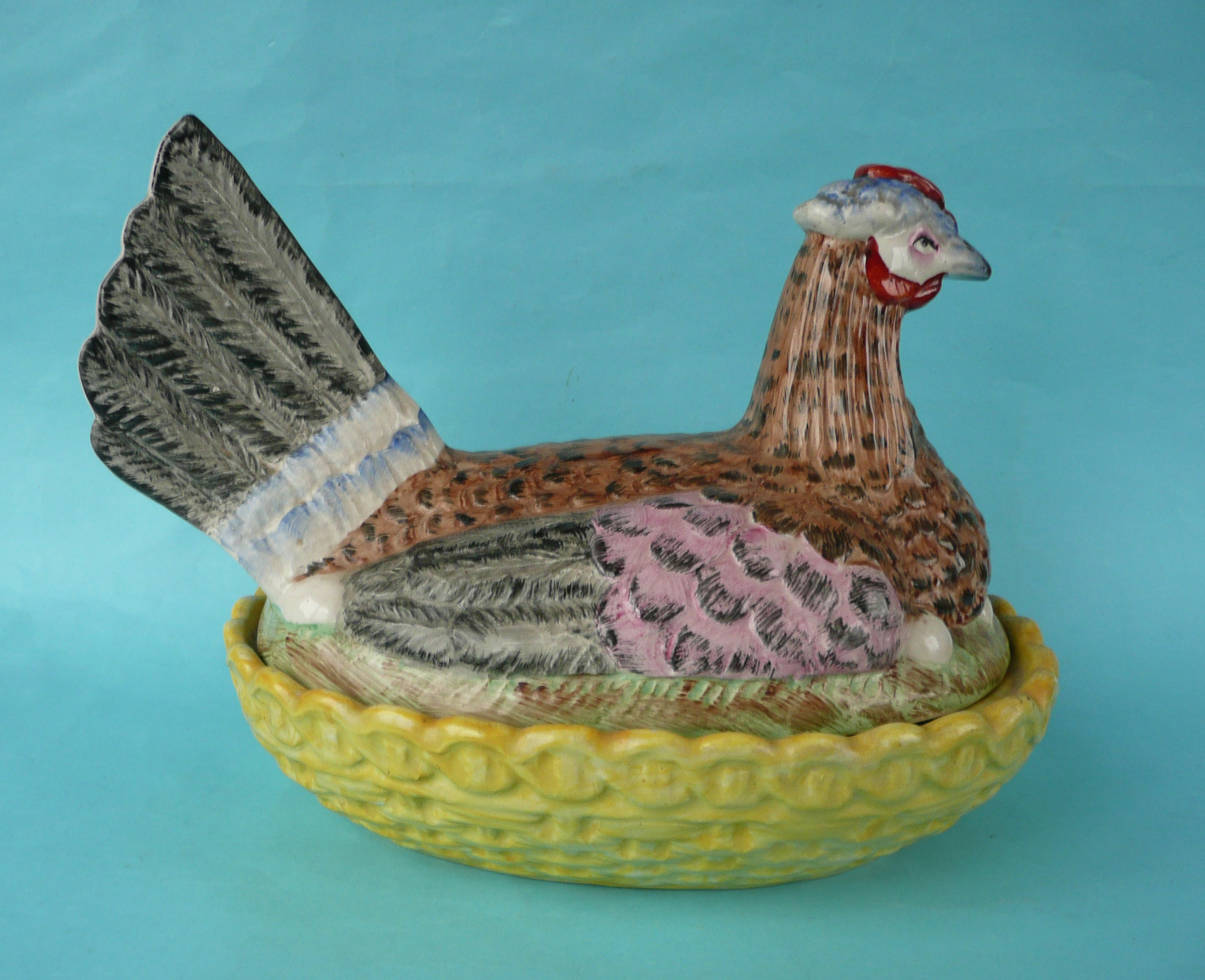 A good and colourful Staffordshire pottery tureen and cover modelled as a hen on a basket - Image 2 of 3