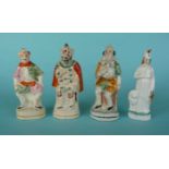 Three late-19th century Staffordshire figures of clowns and a continental porcelain figure