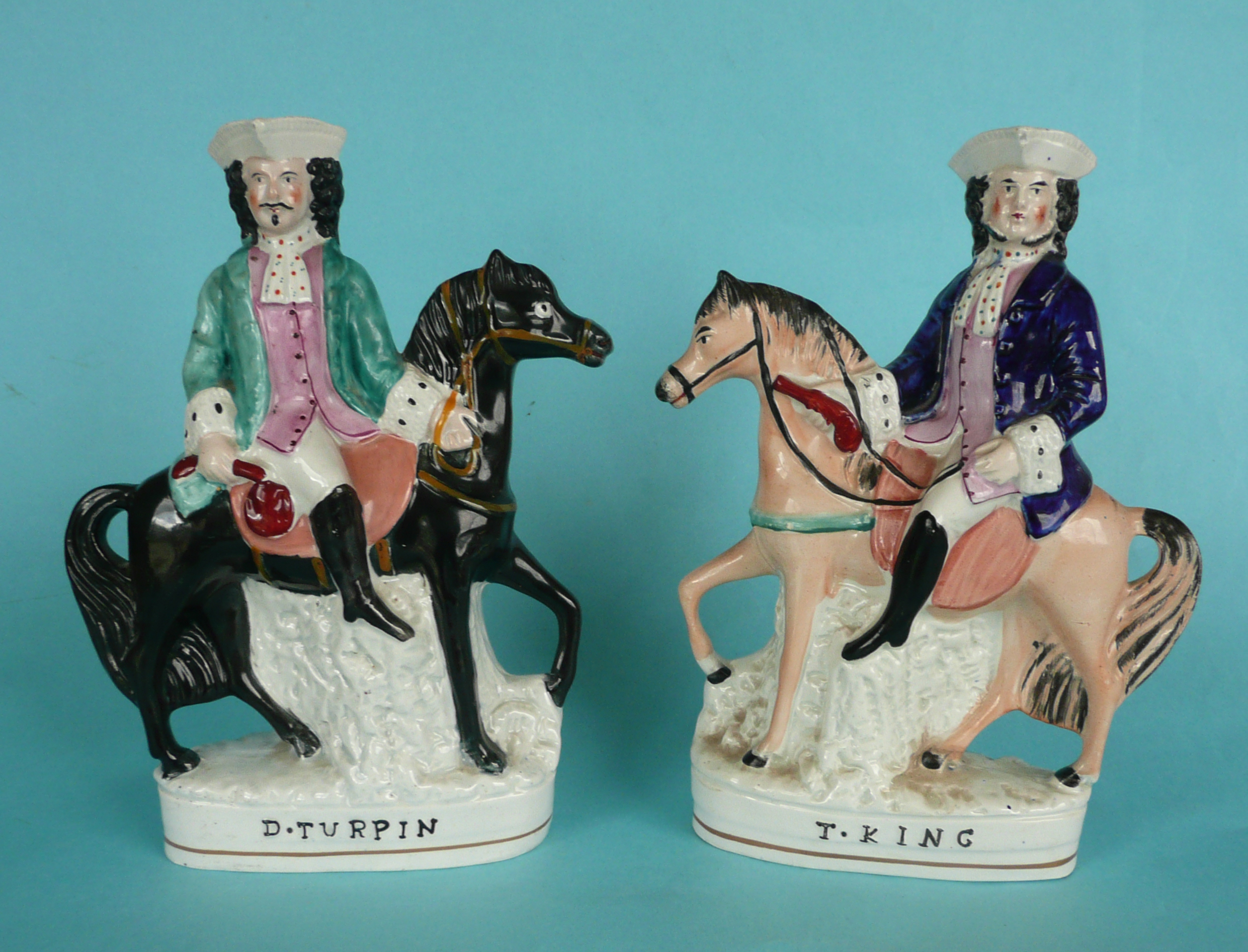 Turpin and King: a good and colourful matched pair of equestrian figures, both circa 1860, 247mm (2)