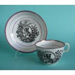 1820 Caroline: a pink lustre banded porcelaineous cup and saucer printed in black (2)