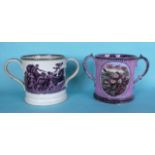A large mauve ground loving cup with flowers and birds, 176mm and another with classical chariot