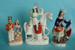 A good Staffordshire equestrian group entitled ‘Peace’, circa 1880, 290mm and a colourful figure