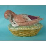 A good and colourful Staffordshire pottery tureen and cover modelled as a goose and gosling