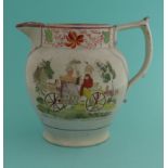 Prince of Wales: an amusing pink lustre jug printed with two colourful inscribed bicycling scenes,
