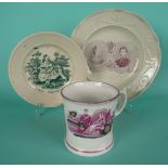A nursery plate for 1863 wedding, a pink printed and lustre banded mug depicting Victoria and Albert