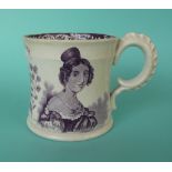 1838 Coronation: a Swansea pottery waisted mug printed in purple with portraits, 82mm