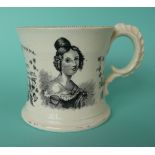 1838 Coronation: a Staffordshire pottery waisted mug printed in black with portraits, 83mm,