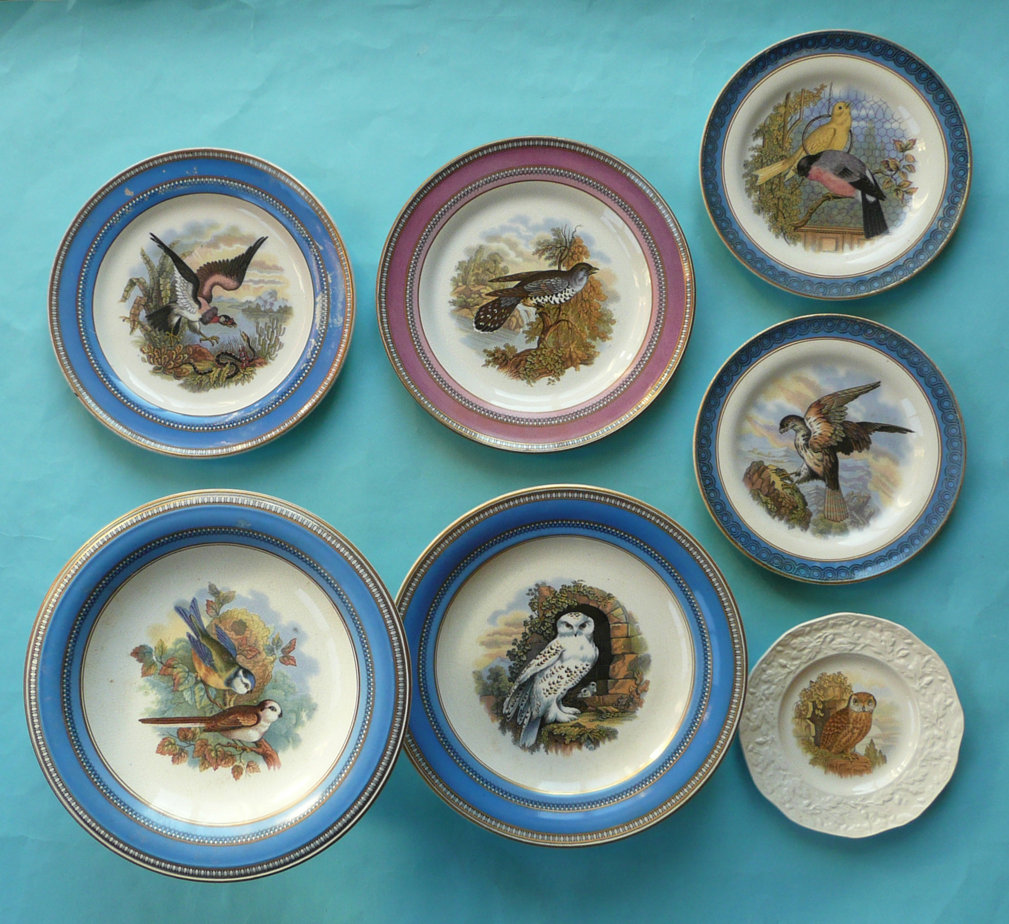 Five various plates and two comport: Bird subjects (7)