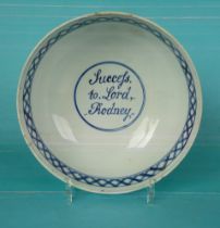 Lord Rodney: a pearlware bowl painted in blue with a central medallion inscribed ‘Succefs to.