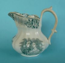 1840 Wedding: a lobed pottery jug printed in green with portrait, coat of arms and flowers, 170mm (