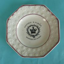 1840 Wedding: an octagonal nursery plate with florette moulded border lined in pink lustre printed