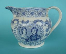 1840 Wedding: a jug printed in blue with named and dated portraits, 131mm, cracked and handle re-