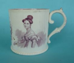 1838 Coronation: a cylindrical mug by Read & Clementson printed in purple with portraits including