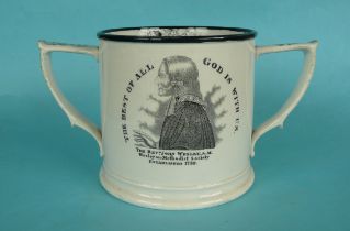 1839 Rev John Wesley: a good pottery loving cup printed in black with an inscribed profile and on