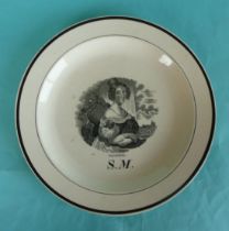 1837/38 Victoria: a creamware plate printed in black with a named portrait initialled SM, indistinct