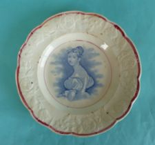 1837/38 Victoria: a nursery plate with floral and foliate border lined in pink, printed in blue with