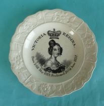 1837 Proclamation: a Staffordshire pottery nursery plate with floral moulded border printed in black
