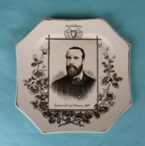 Charles Stuart Parnell: an octagonal pottery plate by Wallis Gimson printed with a named portrait,
