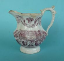 1831 Coronation: a small lobed pottery jug printed in purple with inscribed scenes of the